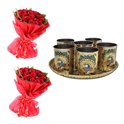 "Meenakari design coated Tray with Glasses, Red Roses Flower Bunches - Click here to View more details about this Product